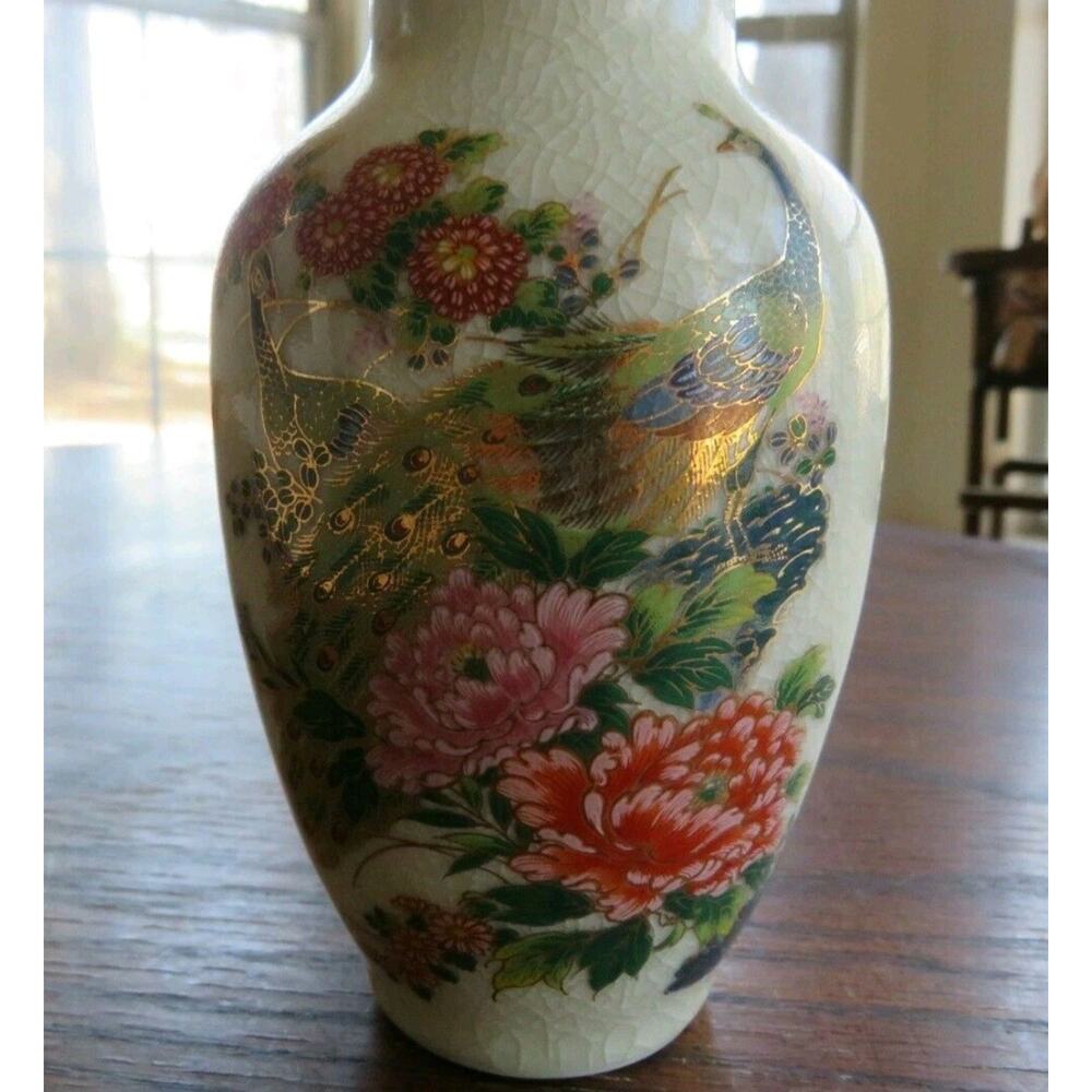 Vintage Satsuma Japan Vase Peacock Floral Gold Trim 6.25” Crackle Glaze